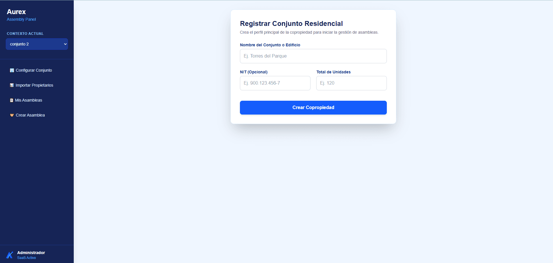 Formulario para registrar un conjunto residencial en Aurex Assembly