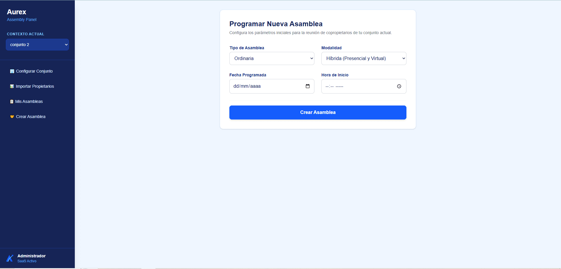 Formulario para programar una nueva asamblea con tipo, modalidad, fecha y hora