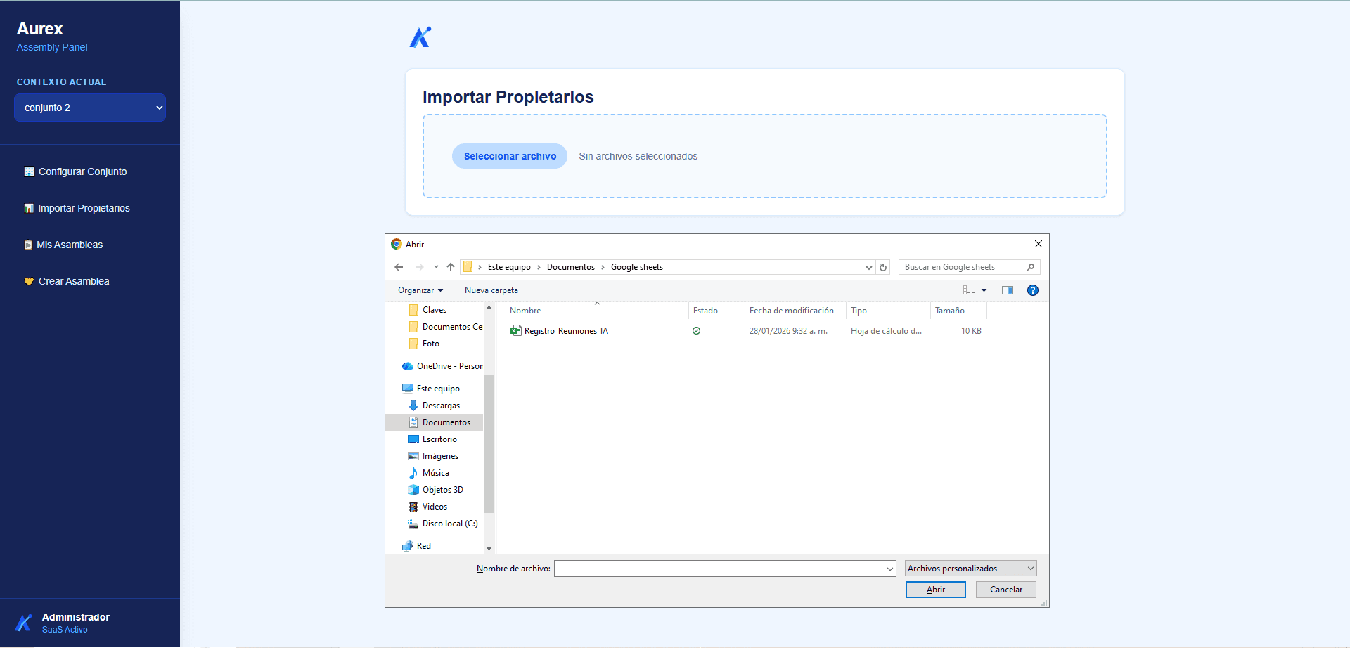 Pantalla para importar propietarios desde un archivo de Excel en Aurex Assembly