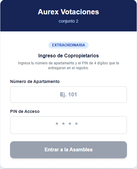 Portal de ingreso de copropietarios con número de apartamento y PIN de acceso