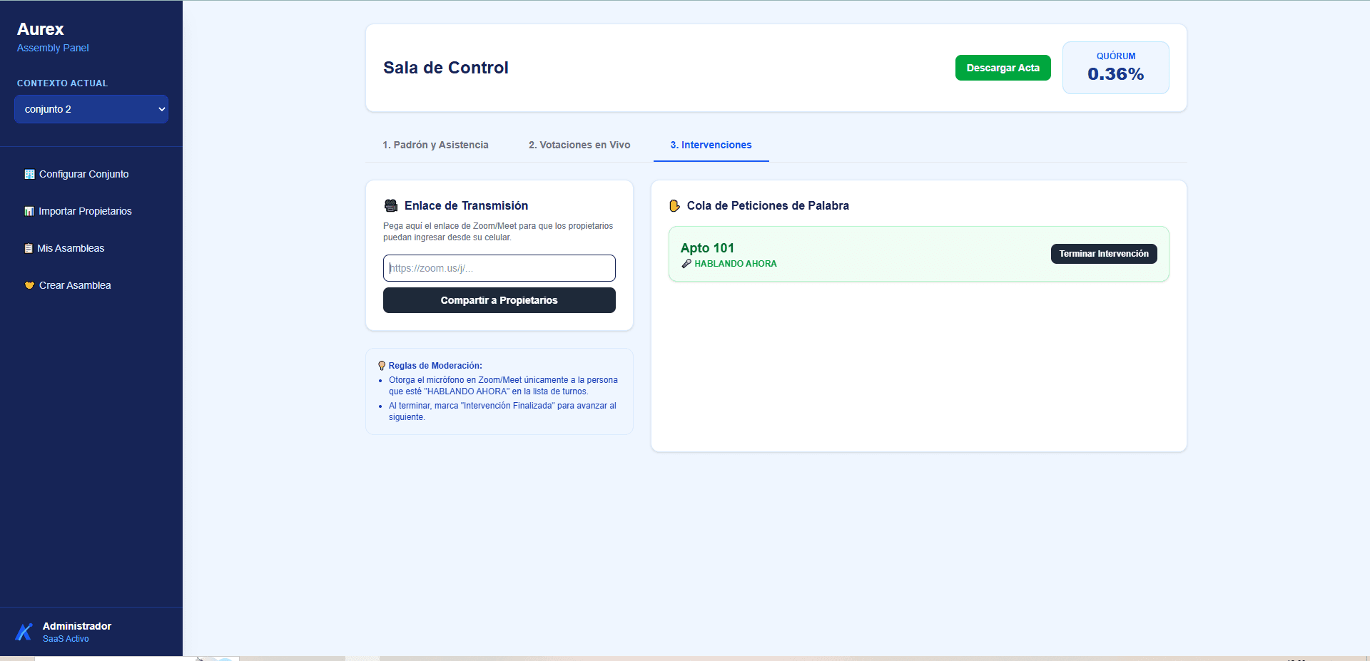 Cola de peticiones de palabra y enlace de transmisión de Zoom o Meet en la sala de control