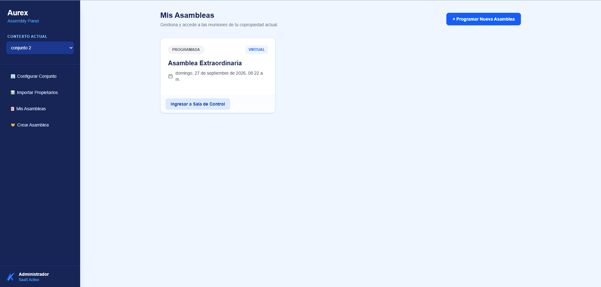 Listado Mis Asambleas con el acceso a la sala de control